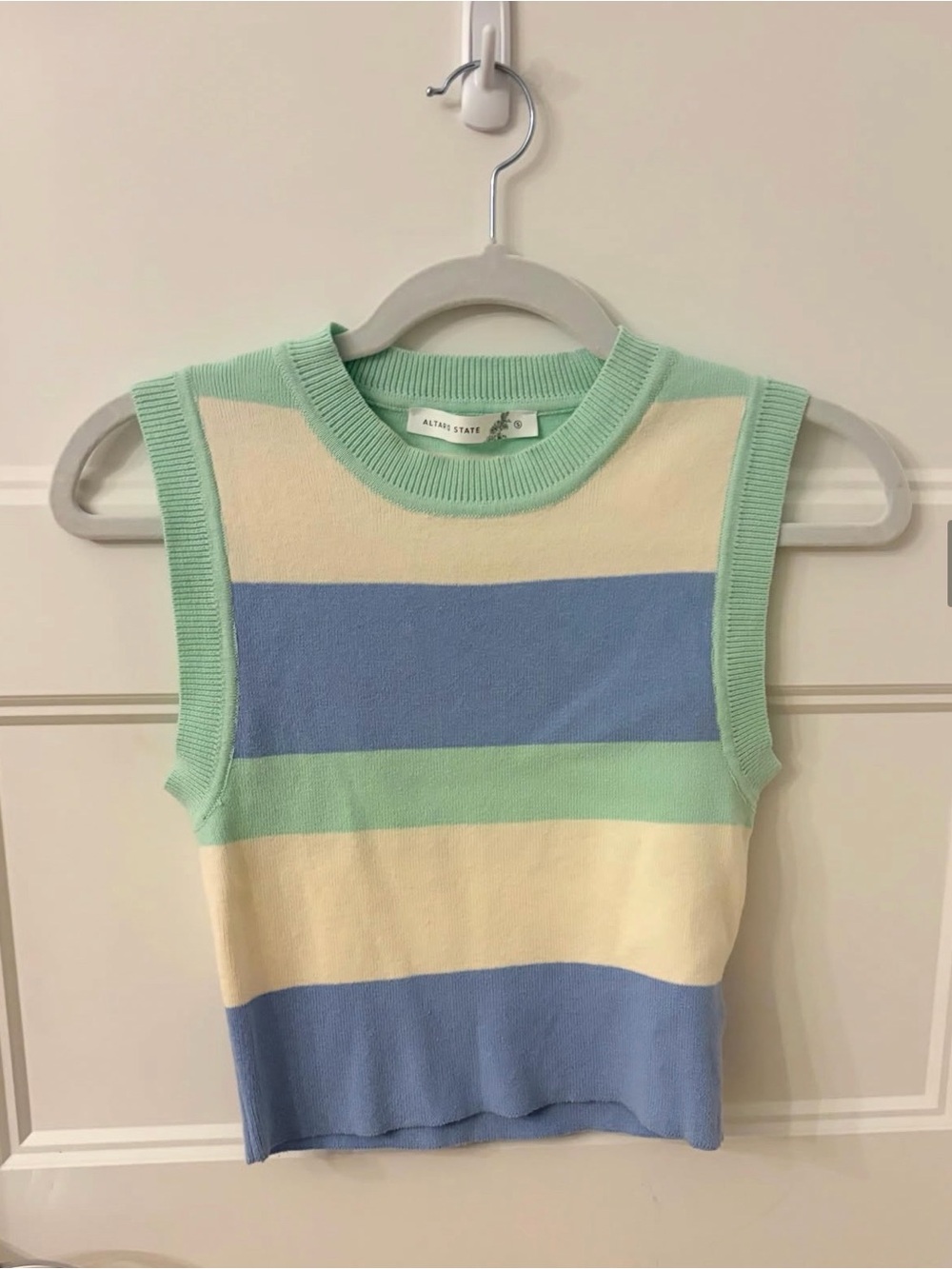 Altar'd State Mint, Blue & Cream Striped Sleeveless Knit Tank